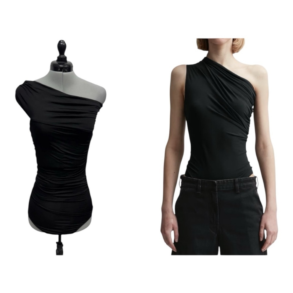 MATERIEL TBILISI Designer Sz XL One Shoulder Side Ruched Bodysuit Black  NWOT